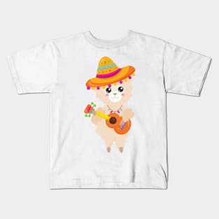 Mexican Llama, Cute Llama, Sombrero, Guitar Kids T-Shirt